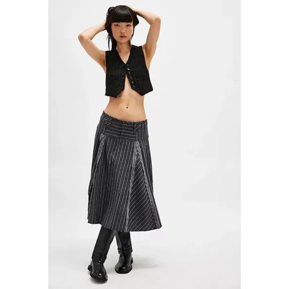 FREE PEOPLE Sz 10 Amelia Midi Skirt Pinstripe Gray Frayed Edges Boho Festival